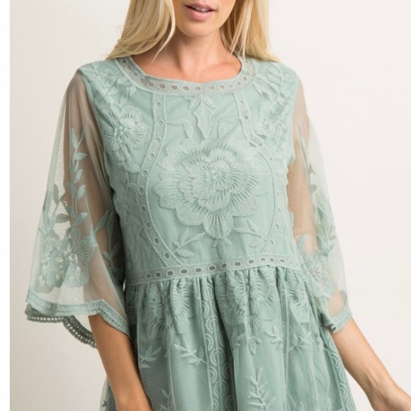 Mint Green Scalloped Embroidered Mesh Top - Picture 3 of 3